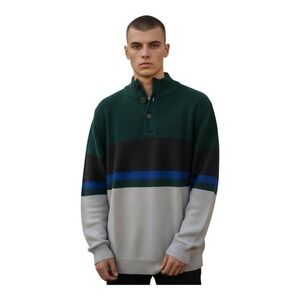 NEW Chaps Mens Large Striped Button Henley Cotton Knit Sweater‎